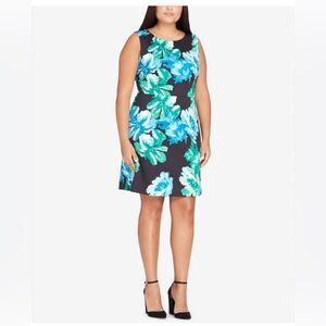 NWT Tahari Printed Scuba Sheath Dress,‎ Black & Blue Floral